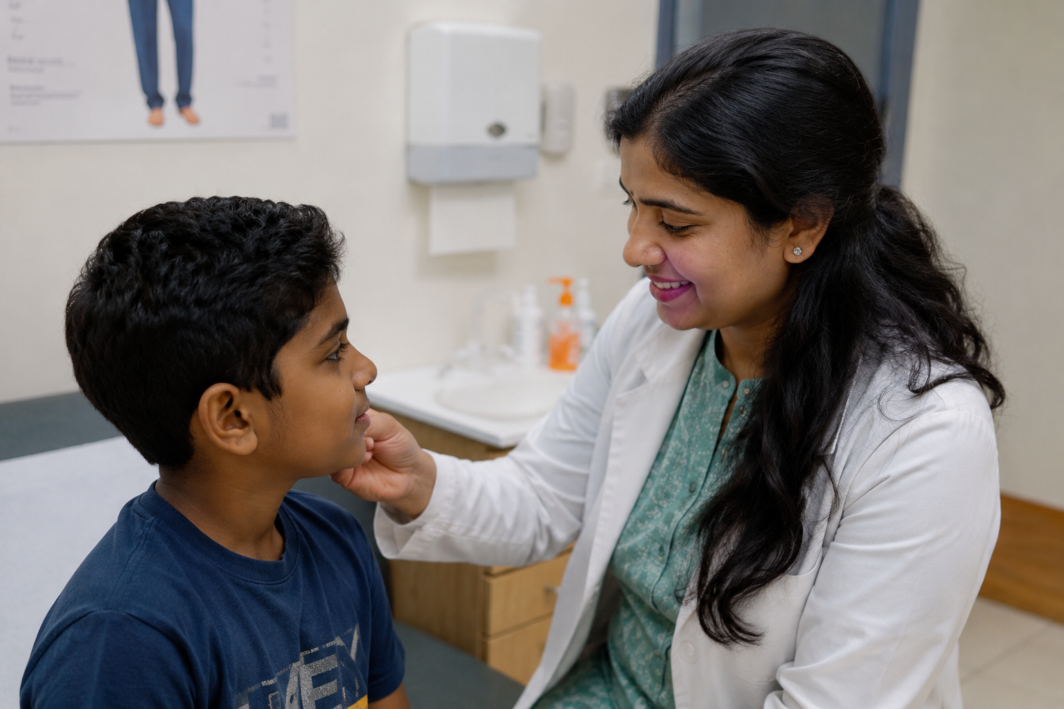 An audiologist fitting a cochlear implant on a young patient
