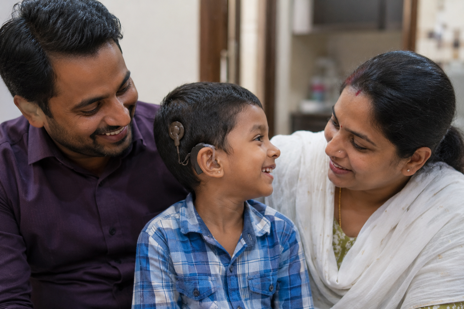 A mother holding her young child who wears a cochlear implant